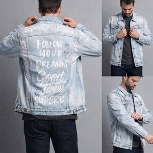 Men's Scribbled Text Motivational Ripped Distressed Jean Denim Jacket NWT XL